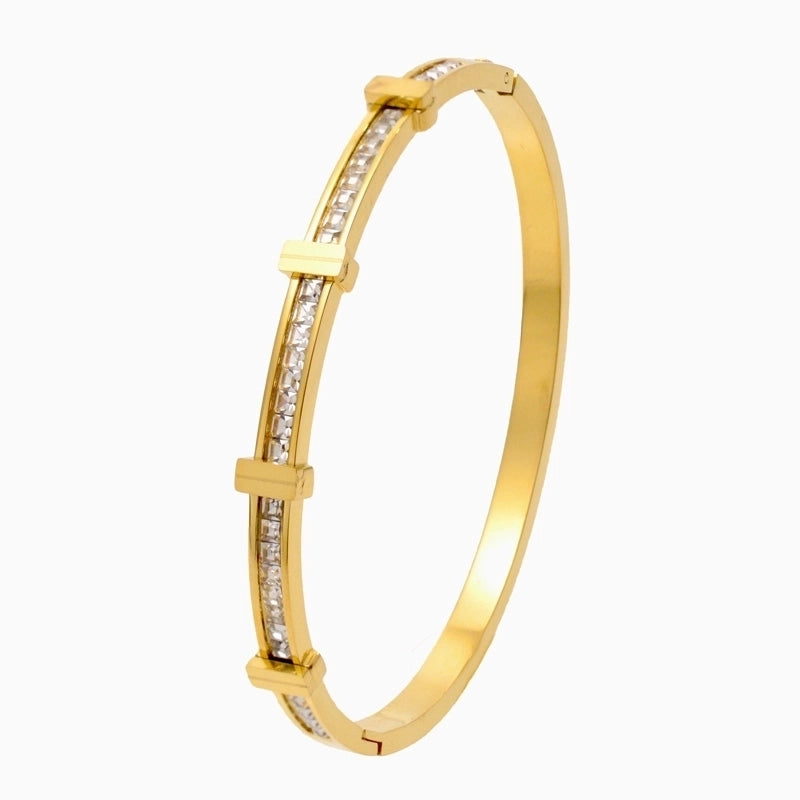 Minimalist Shiny Geometric Titanium Steel Gold Plated Zircon Bangle In Bulk
