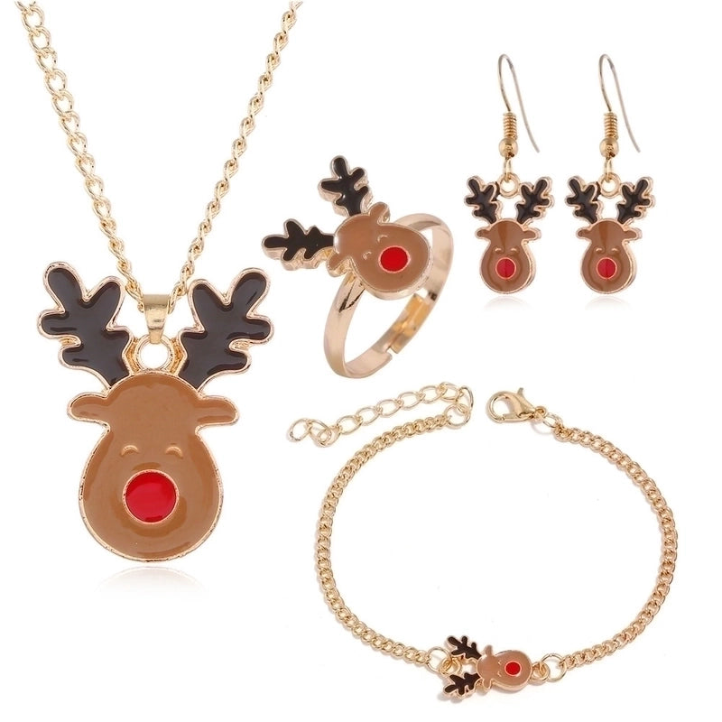 Christmas Series Earrings Necklace Bracelet Ring Set Santa Elk Bell Gift Jewelry