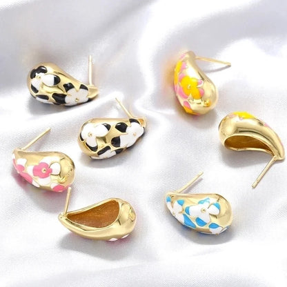 1 Pair Elegant Sweet Water Droplets Enamel Plating Copper 18K Gold Plated Ear Studs