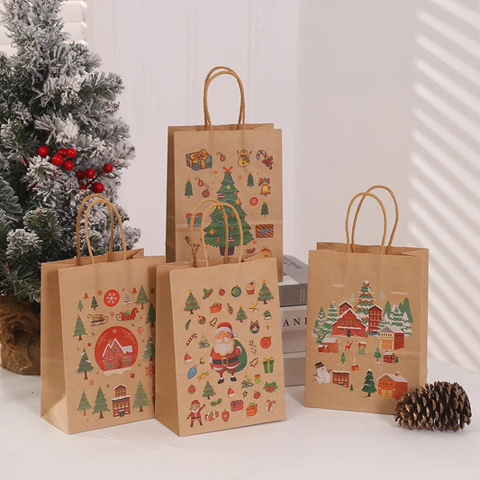12 Pieces Christmas Gift Bag Christmas Eve Souvenir Handbag Peace Fruit Packaging Kraft Paper Bag
