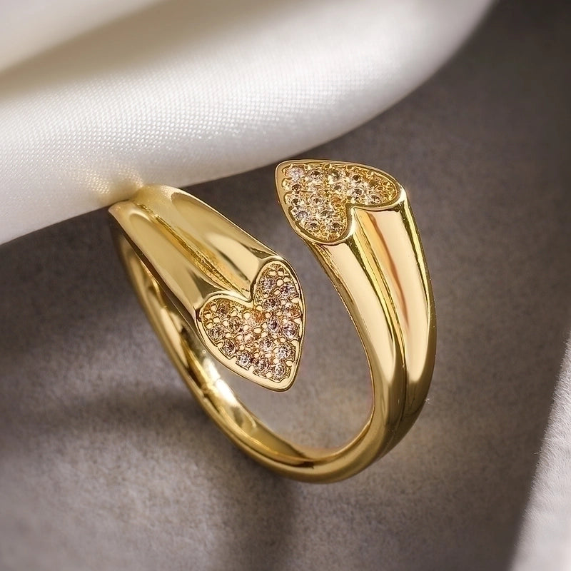 Retro Minimalist Commute Water Droplets Heart Shape Copper Inlay 18K Gold Plated Zircon Open Rings