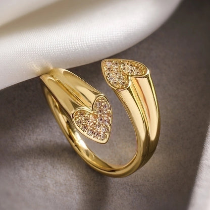 Retro Minimalist Commute Water Droplets Heart Shape Copper Inlay 18K Gold Plated Zircon Open Rings