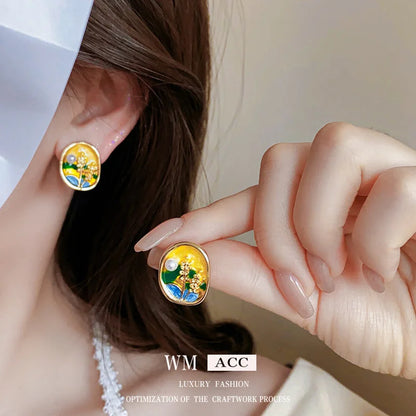 Medieval Flower Geometric Flower Copper Oil Dripping Earrings