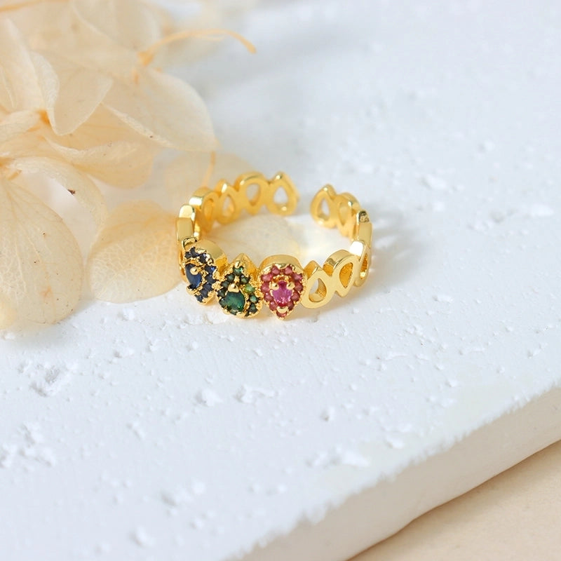 Sweet Round Copper Plating Inlay Rhinestones 18k Gold Plated Open Rings