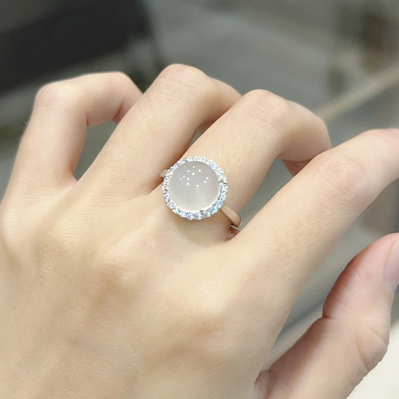 Temperament Fashion Natural Chalcedony Earring Ring Pendant Necklace Jewelry Set High Ice Complete Jade Three-piece Set