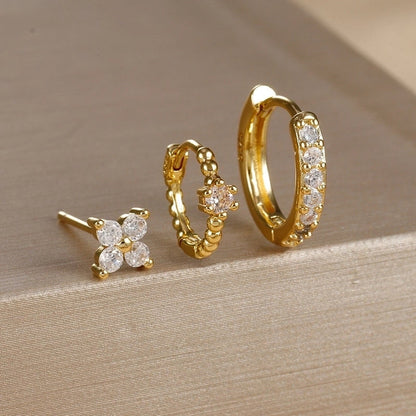 3 Pieces Set IG Style Minimalist Shiny Geometric Inlay Copper Zircon Earrings