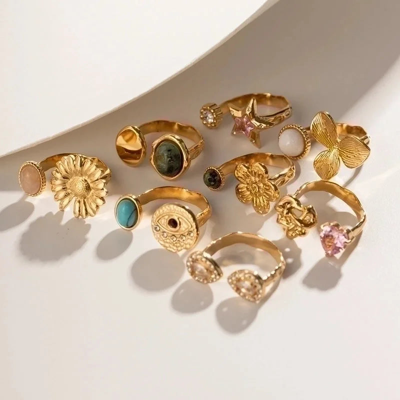 IG Style Grid Flower 304 Stainless Steel Zircon Asymmetrical Plating Inlay Open Rings