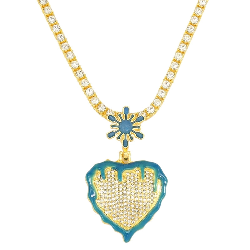 Luminous Oil Dripping Snowflake Love Hip Hop Pendant Peach Heart Personality Single Row Diamond Cuban Link Chain Necklace Men And Women