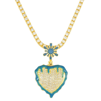 Luminous Oil Dripping Snowflake Love Hip Hop Pendant Peach Heart Personality Single Row Diamond Cuban Link Chain Necklace Men And Women