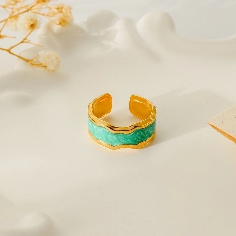 Minimalist Love Heart Shape Eye 304 Stainless Steel Rhinestones 18K Gold Plated Enamel Plating Inlay Open Rings