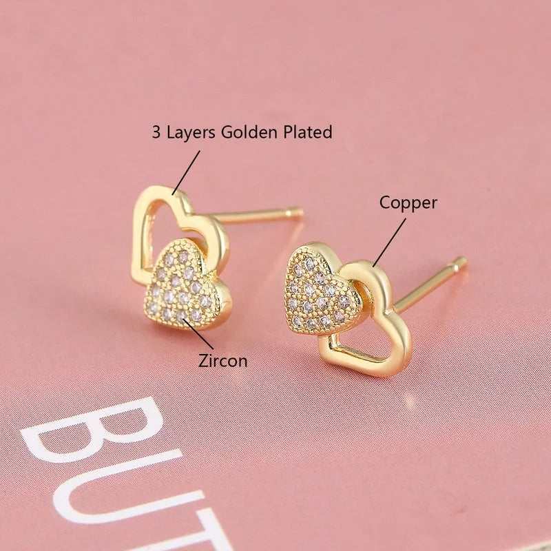 1 Pair Elegant Minimalist Geometric Double Heart Snake Hollow Out Inlay Copper Zircon 18K Gold Plated Ear Studs