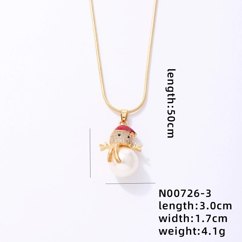 Stainless Steel Copper Plating Inlay Christmas Hat Christmas Tree Snowman Freshwater Pearl Zircon Pendant Necklace