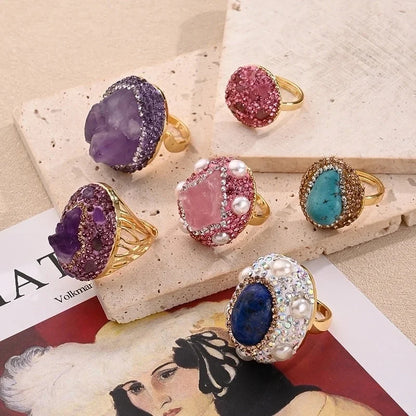 Casual Glam Vacation Irregular Round Oval Amethyst Copper Lapis Lazuli 18K Gold Plated Imitation Pearl Rhinestones Clay Adjustable Ring In Bulk