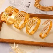 Casual Minimalist Hexagon Round Titanium Steel 18K Gold Plated Rhinestones Bangle In Bulk