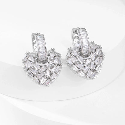 1 Pair Glam Shiny Heart Shape Copper Zircon K Gold Plated Drop Earrings