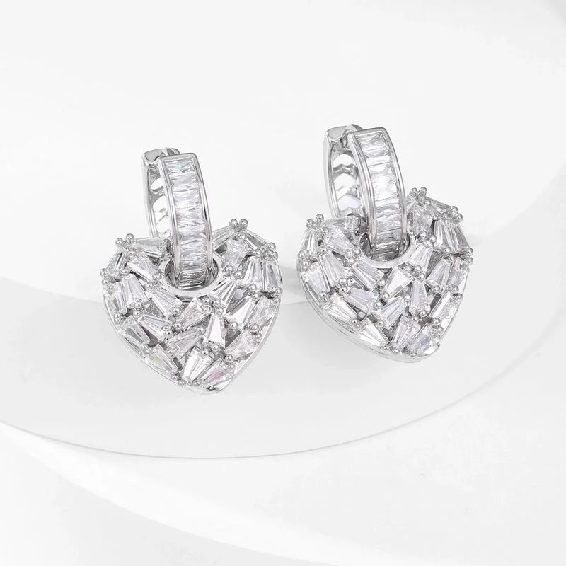 1 Pair Glam Shiny Heart Shape Copper Zircon K Gold Plated Drop Earrings