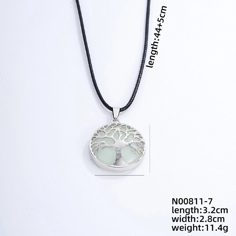 Ig Style Minimalist Round Tree Stainless Steel Natural Stone Leather Rope Inlay Natural Stone Pendant Necklace