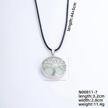 Ig Style Minimalist Round Tree Stainless Steel Natural Stone Leather Rope Inlay Natural Stone Pendant Necklace