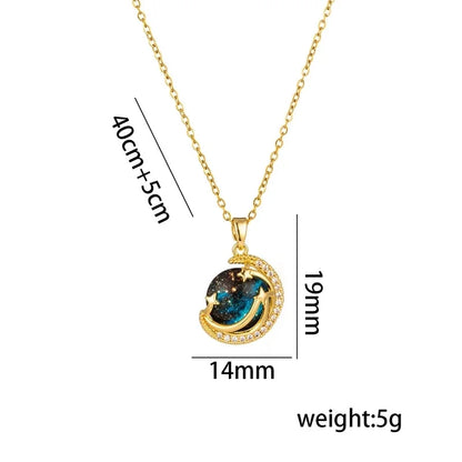 Titanium Steel 18K Gold Plated Casual Minimalist Inlay Star Moon Planet Moonstone Zircon Pendant Necklace