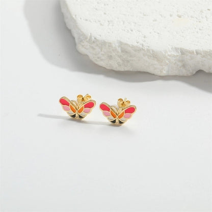 1 Pair Elegant Minimalist Commute Dragonfly Butterfly Enamel Inlay Copper Zircon 14K Gold Plated Ear Studs