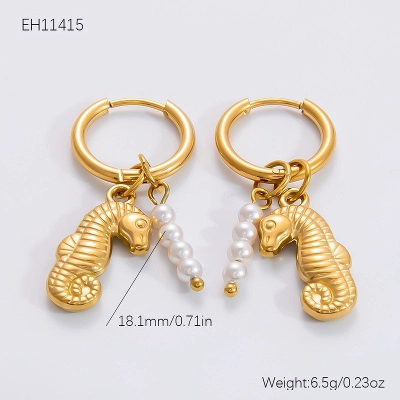 1 Pair Minimalist Sun Hippocampus Solid Color Pearl Inlay 304 Stainless Steel Turquoise Zircon Drop Earrings Earrings