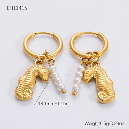 1 Pair Minimalist Sun Hippocampus Solid Color Pearl Inlay 304 Stainless Steel Turquoise Zircon Drop Earrings Earrings