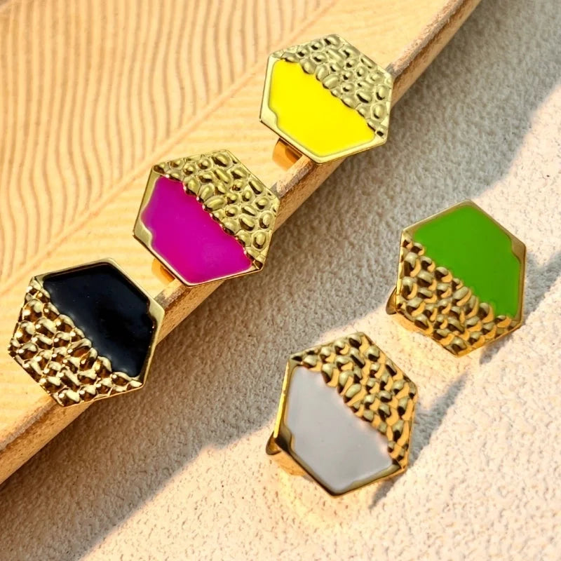 Casual Retro Hexagon 304 Stainless Steel 18K Gold Plated Enamel Open Rings