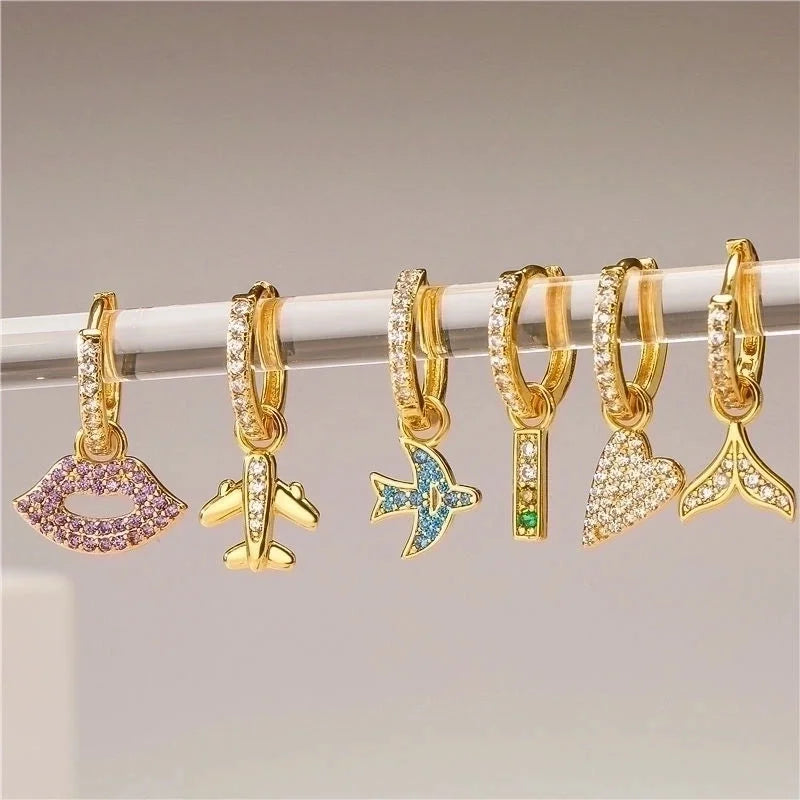 1 Pair Minimalist Fish Tail Copper Inlay Rhinestones Drop Earrings