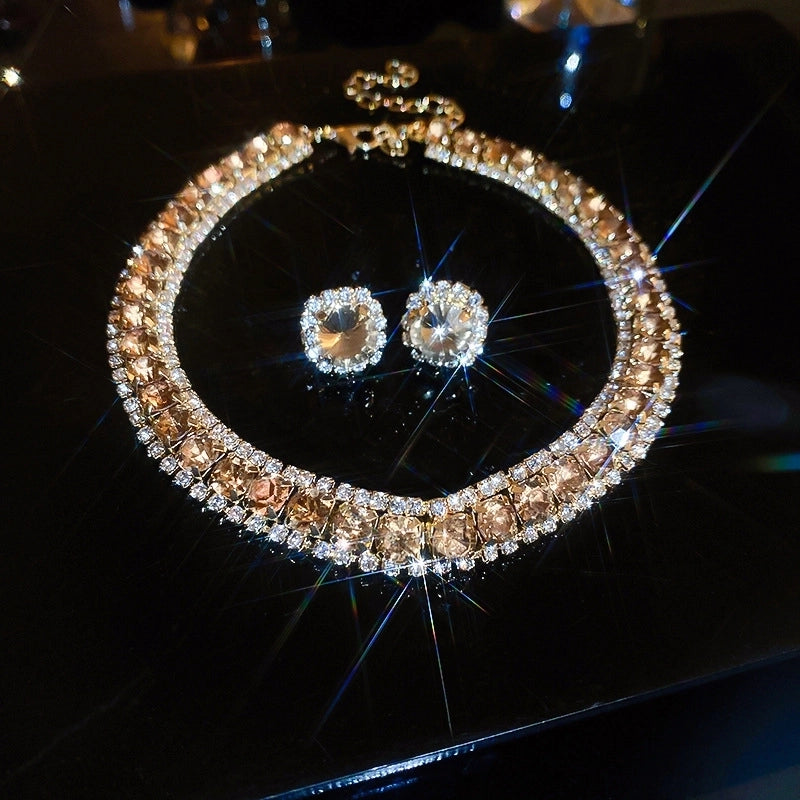 Explosions Zircon Diamond Geometric Necklace Earrings Suit Light Luxury Clavicle Chain High Sense Temperament Jewelry