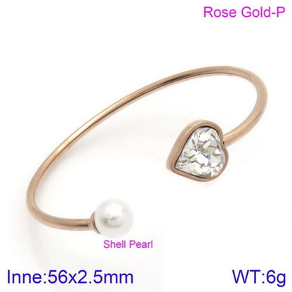 Modern Style Minimalist Heart Shape Stainless Steel Titanium Steel 18K Gold Plated Glass Stone Pearl Bangle In Bulk