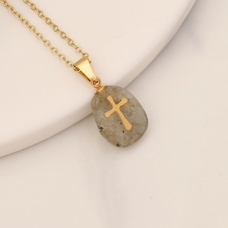 Retro Cross Stainless Steel Natural Stone Turquoise Pendant Necklace
