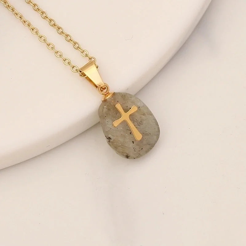 Retro Cross Stainless Steel Natural Stone Turquoise Pendant Necklace