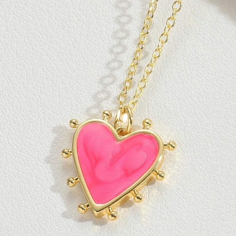 Vintage Style Minimalist Commute Heart Shape Copper Enamel 14K Gold Plated Pendant Necklace