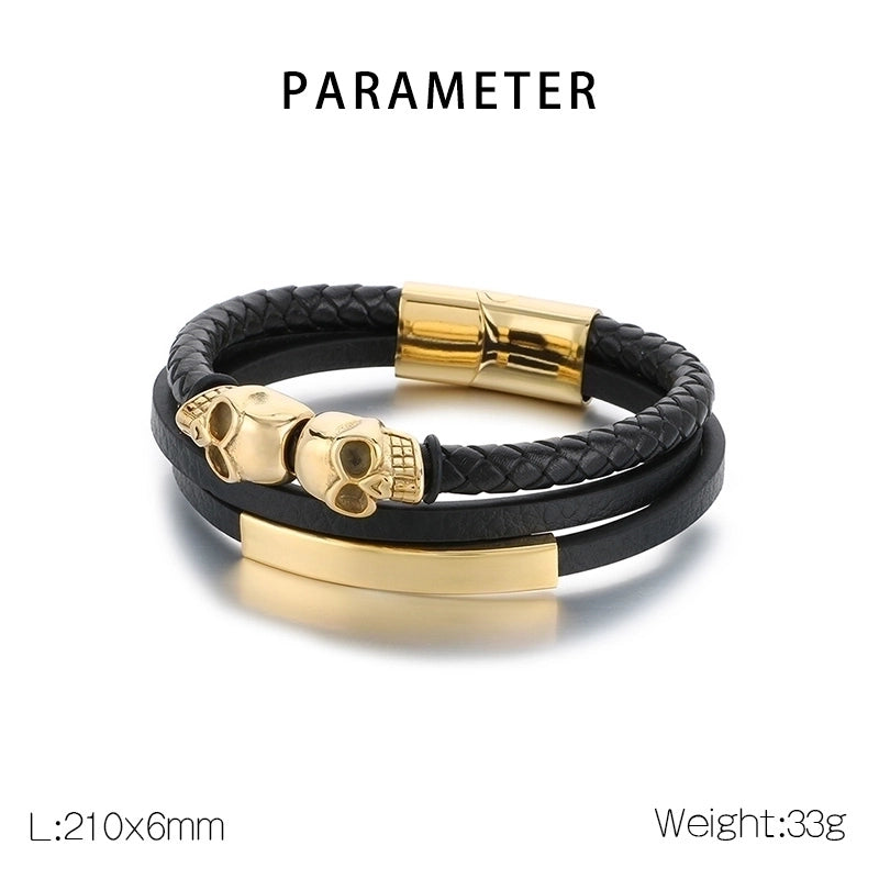 Business Skull 304 Stainless Steel Leather Layered Plating 18K Gold Plated Halloween Men's Bangle