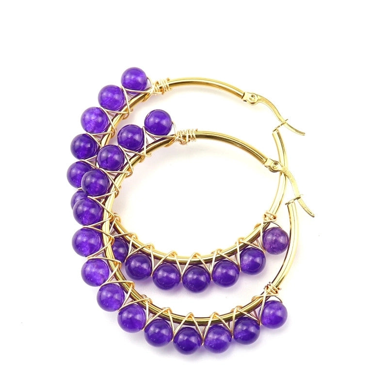 1 Pair Retro Minimalist Round Beaded Plating Natural Stone Copper Hoop Earrings