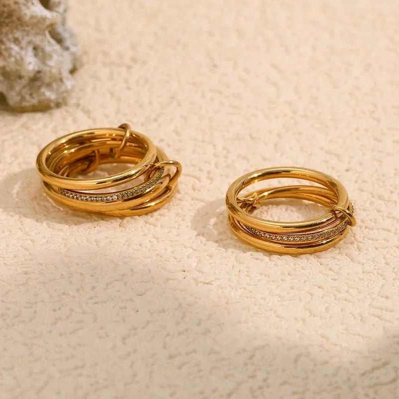 IG Style Circle 304 Stainless Steel Rhinestones 18K Gold Plated Layered Plating Inlay Rings