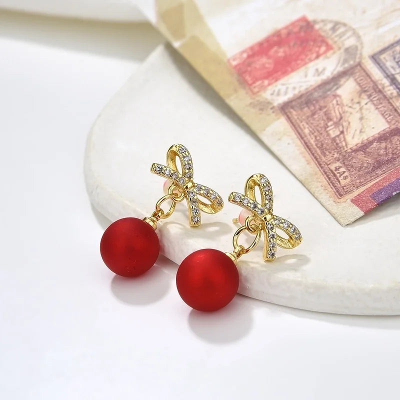 Copper Plating 18K Color Retention Imitation Pearl Bowknot Christmas Ear Studs Earrings