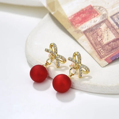 Copper Plating 18K Color Retention Imitation Pearl Bowknot Christmas Ear Studs Earrings