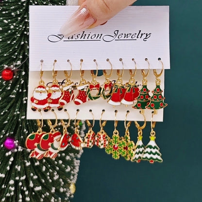 1 Set Cute Santa Claus Snowman Elk Enamel Inlay Alloy Rhinestones Drop Earrings