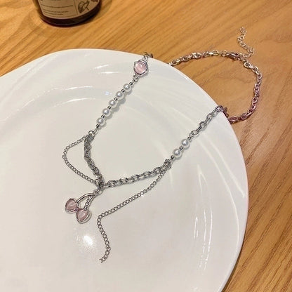 Minimalist Heart Shape Flower Bow Knot Titanium Steel Copper Plating Inlay Artificial Gemstones Pendant Necklace