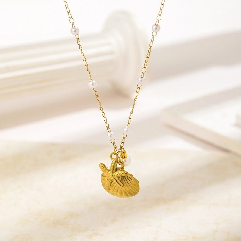 Vacation Marine Style Beach Starfish Shell 304 Stainless Steel Artificial Pearls 18K Gold Plated Polishing Plating Stainless Steel Jewelry Sets