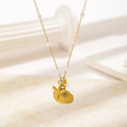 Vacation Marine Style Beach Starfish Shell 304 Stainless Steel Artificial Pearls 18K Gold Plated Polishing Plating Stainless Steel Jewelry Sets