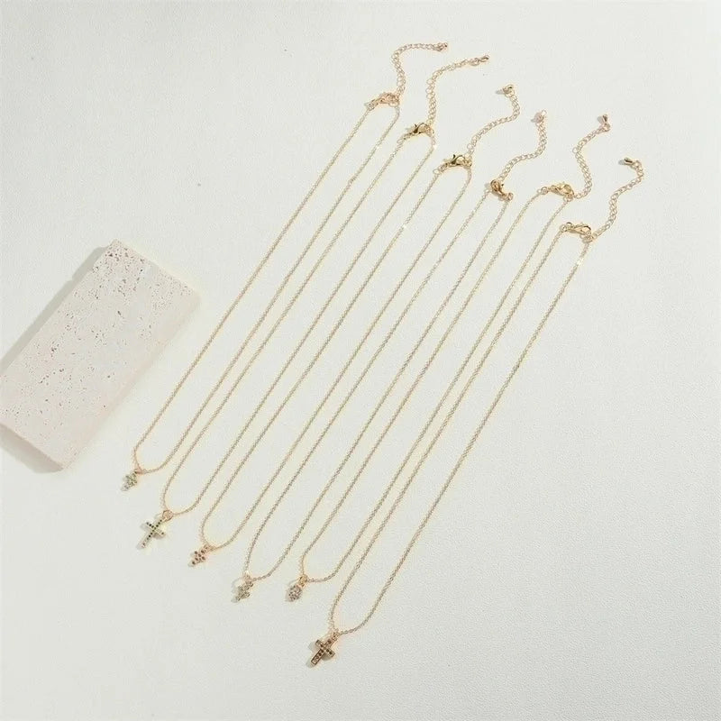 Copper 14K Gold Plated Vintage Style Minimalist Commute Inlay Cross Palm Zircon Pendant Necklace