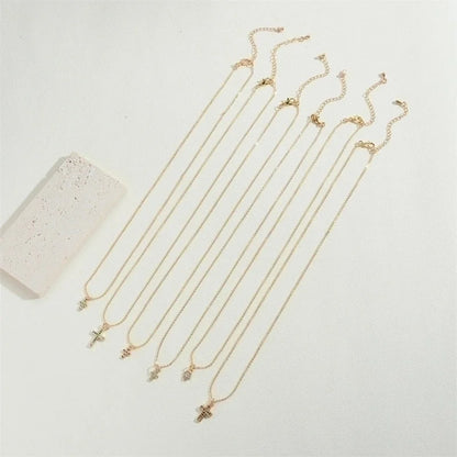 Copper 14K Gold Plated Vintage Style Minimalist Commute Inlay Cross Palm Zircon Pendant Necklace