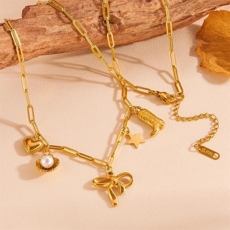Cute Sweet Star Bow Knot Shell Titanium Steel Pearl 18K Gold Plated Hollow Out Inlay Pendant Necklace