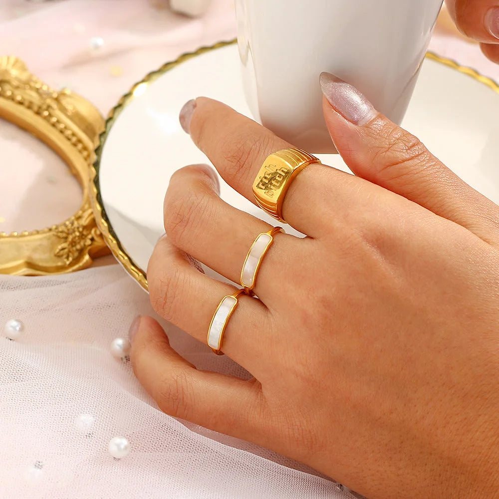 Women Fashion Shell Geometric Stainless Steel 18K Gold Plated Rings