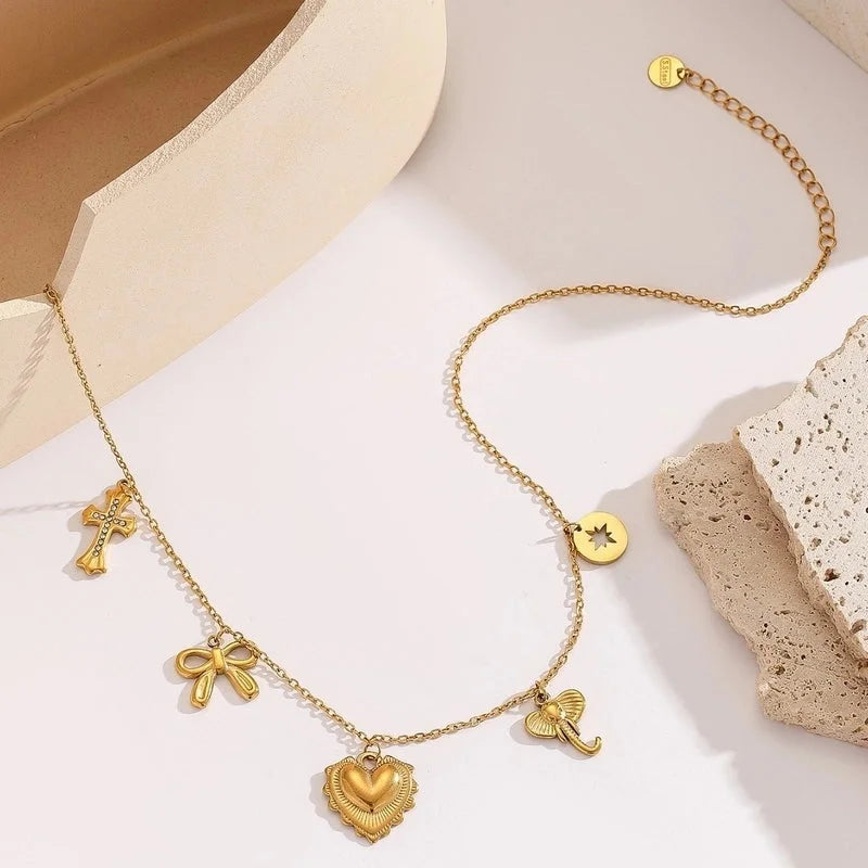 Minimalist Cross Heart Shape Bow Knot Titanium Steel Zircon 18K Gold Plated Inlay Multi Charms Necklace