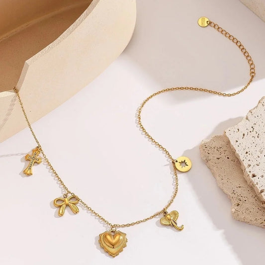 Minimalist Cross Heart Shape Bow Knot Titanium Steel Zircon 18K Gold Plated Inlay Multi Charms Necklace