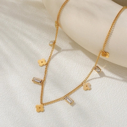 French Style Romantic Commute Four Leaf Clover Bow Knot 304 Stainless Steel Zircon 18K Gold Plated Inlay Multi Charms Necklace