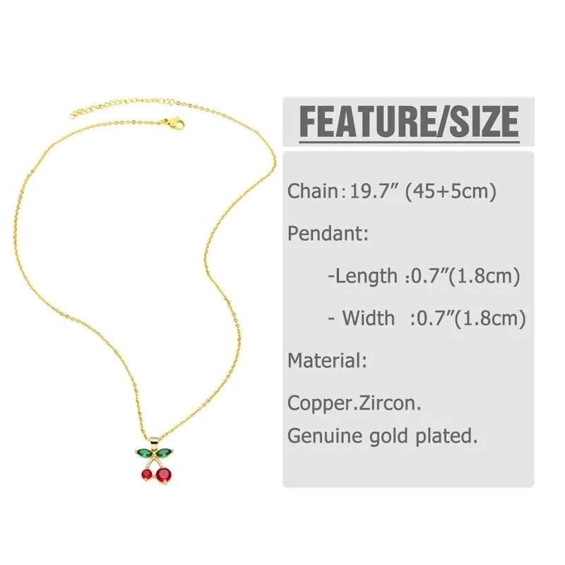 Modern Style Classic Style Cherry 201 Stainless Steel Copper Zircon 18K Gold Plated Plating Inlay Pendant Necklace O-shaped Chain Cable Chain